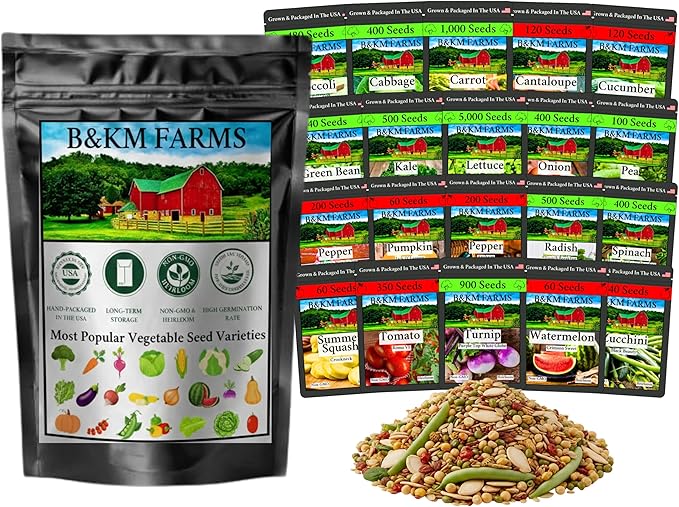 B&ampKM Farms Vegetable &amp Herb Seed Vault 20 Varieties 40 Packets 20000+ Heirloom Non-GMO Seeds Water Resistant Reclosable Packaging Home Garden (20 Pack: The Beginner Garden Collection)