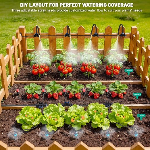 Drip Irrigation Kit DIY Automatic Garden Watering System with Push-Fit Connectors 2026 New Upgraded Water-Saving Design 3 Adjustable Nozzles for Yard Greenhouse Lawn &amp Potted Plants (100FT)