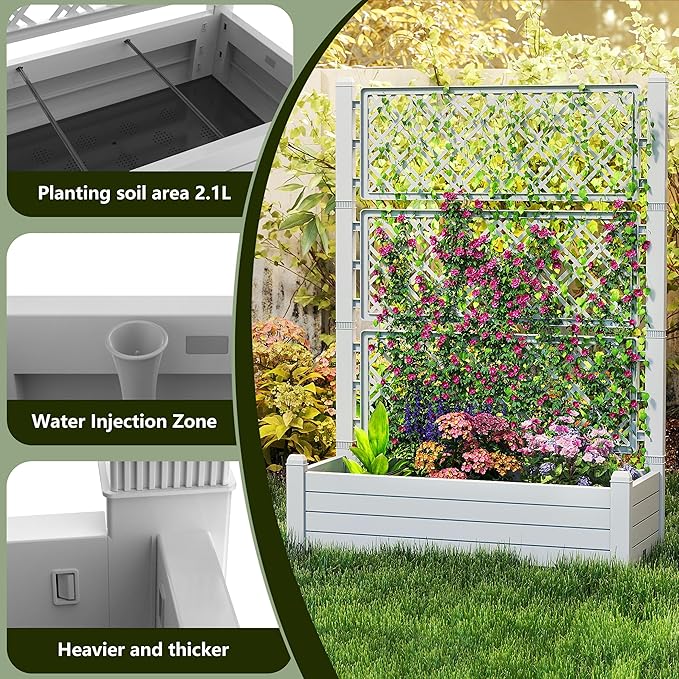 21 Gallon Raised Garden Bed with Trellis Self Watering Raised Planter Box with Drainage Holes and Gauge for Climbing Plants Vegetables and Flowers Durable Anti-Rust Resin for Backyard Patio