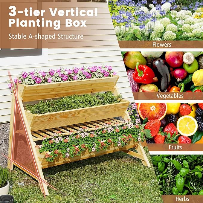 HOMGX 3-Tier Vertical Garden Bed Wooden Tiered Planter Raised Bed with Legs &amp Storage Shelf for Flowers Herbs Vegetables Freestanding Outdoor Plant Box Stand for Patio Balcony