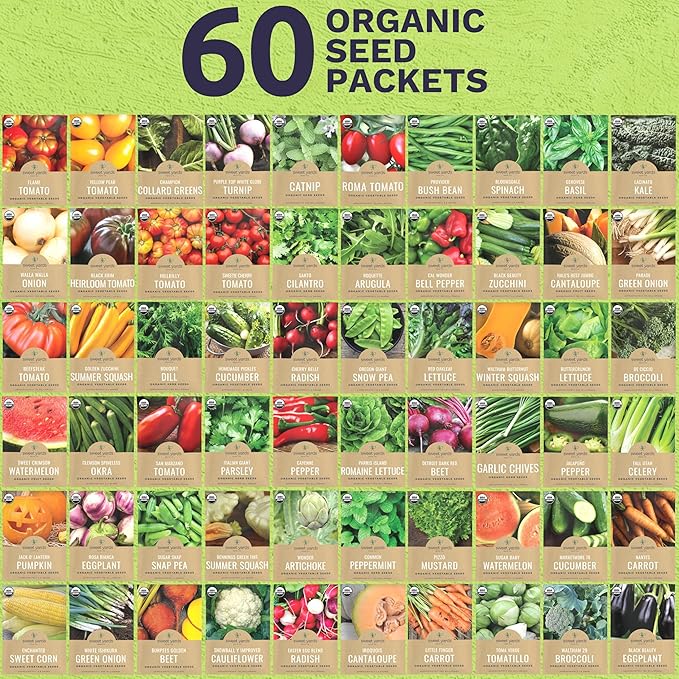 Organic Seeds Ultimate Variety Pack - 60 Individual Packs - 2026 Season - Genovese Basil Nantes Carrot Roquette Arugula and More! for Indoor &amp Outdoor Planting (Non-GMO Certified Organic)