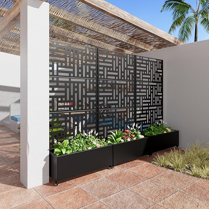 Casaphoria Metal Raised Garden Bed with Trellis and Wheels 72x35x16 Planter Box for Climbing Plants Vegetables &amp Vines Features Drainage Holes and Privacy Screen (Black-Helen)