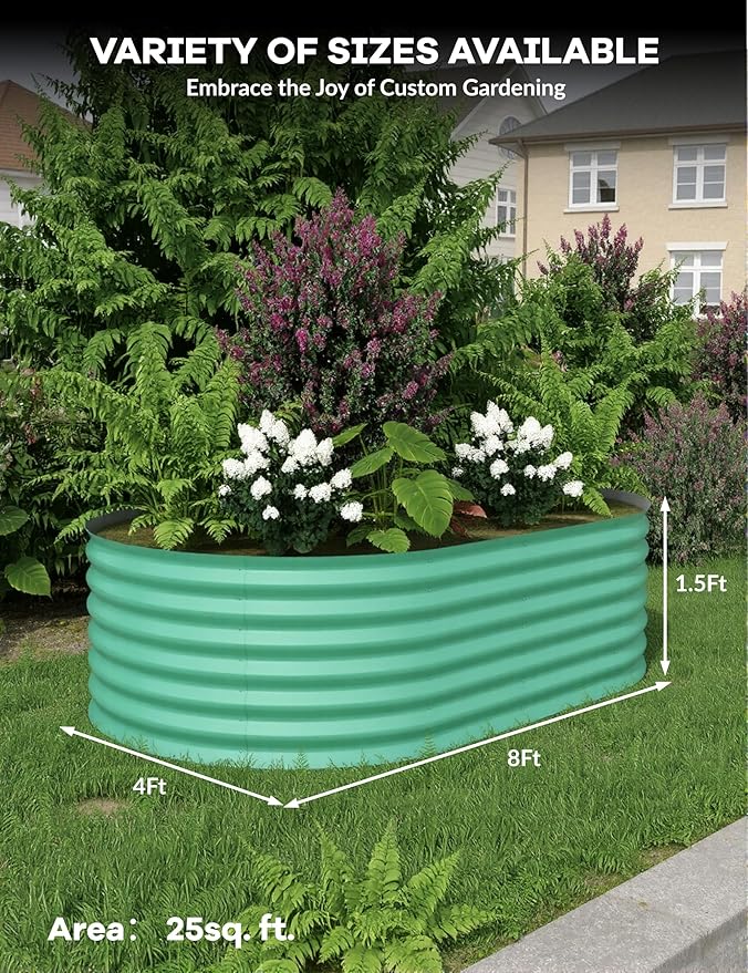 GarveeLife 8x4x1.5 ft Galvanized Raised Garden Bed - 18“ Tall Metal Planter Box for Vegetables Flowers Herbs Rust-Resistant Outdoor Garden Box Easy Assembly Raised Beds for Gardening Green