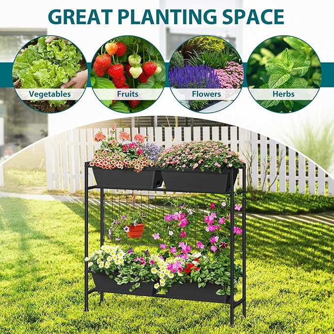 OYEAL Raised Garden Bed with Legs &amp Trellis 32 Tall Vertical Garden Planter Boxes Outdoor Flower Bed for Gardening Vegetables Flowers Herbs Backyard Grey