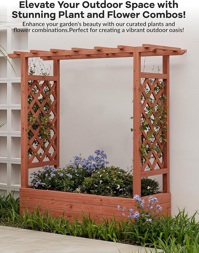 GarveeLife Raised Garden Bed with Trellis 45 in Wood Planter Box with Side Trellis Hanging Roof and 4 Drainage Holes Freestanding Elevated Garden Bed for Climbing Plants Vines Flowers