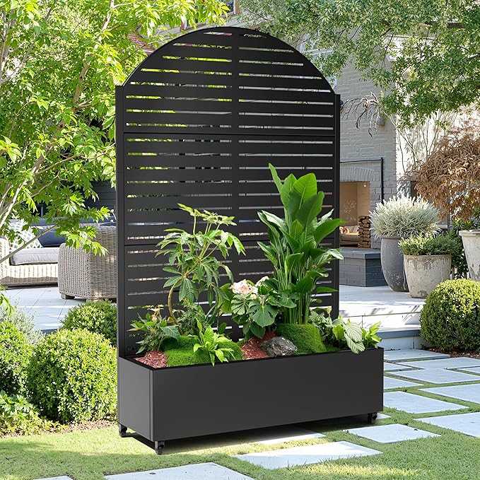 15.7×70.9×47.2 Metal Raised Garden Bed with Trellis and Wheels - Tall Trellis Planter Box for Climbing Plants Vegetables &amp Vines - Outdoor Privacy Planters for Patio (Black-Louvered)
