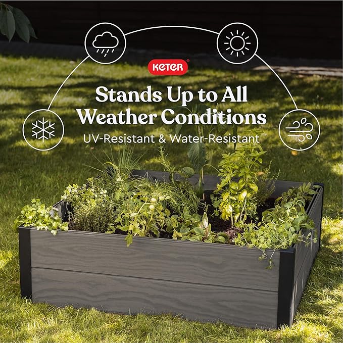 Keter 48 X 48 inches Wood Look Raised Garden Bed Durable Outdoor Herb Garden Planter for Vegetables Flowers and Succulents Grey