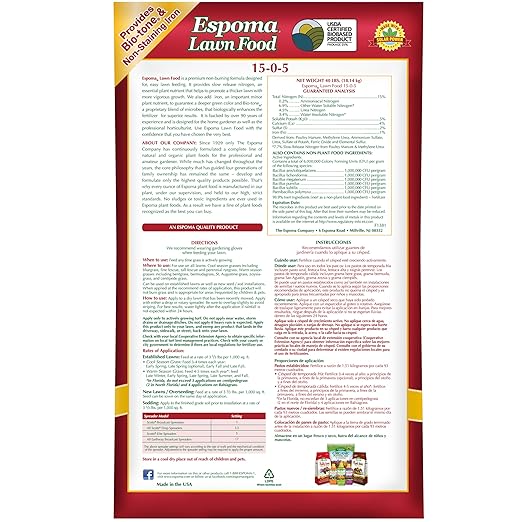 Espoma Lawn Food for All Seasons15-0-5 Analysis with Non-Staining Iron Exclusive Bio-Tone Formula with Long Lasting Slow Release Nitrogen for a Greener Lawn. 40 lb. Bag Covers up to 12000 Sq. Ft.