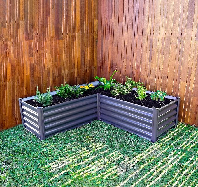 ABSCO Premium Galvanized DIY 4' x 3' L Shaped Garden Bed DIY with Easy Assembly and Superior Drainage Woodland Gray Galvanized Steel Metal Planter Garden Planter Box with 14 Walls for All Plants