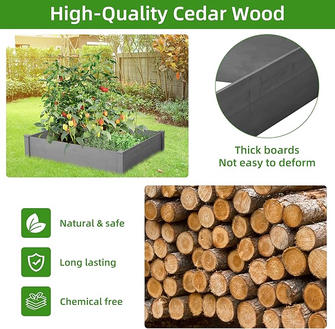 Raised Garden Bed 48x48x10'' Outdoor Wood Planter Box Over Floor Tool Free Assembly