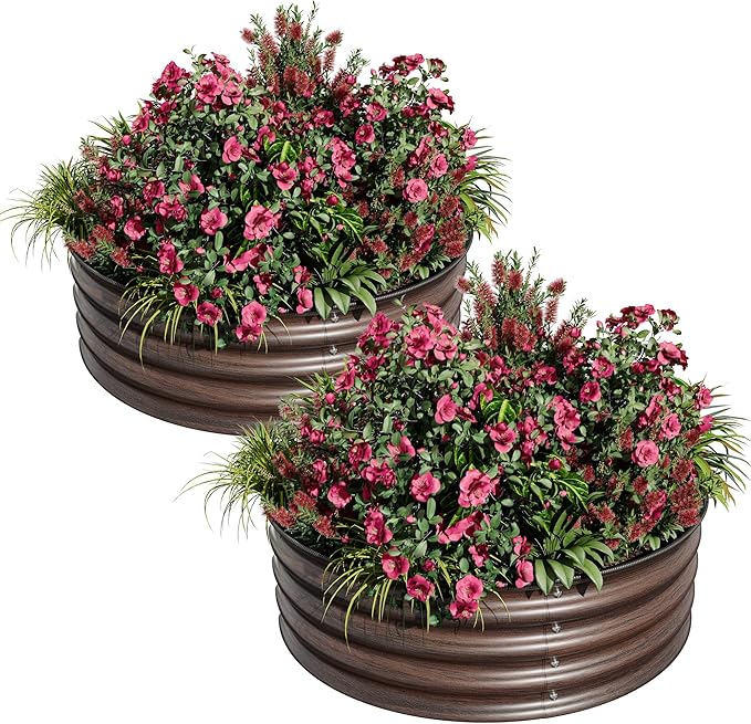 2PCS 2 x 1ft Round Raised Garden Bed Galvanized Metal Planter Box with Safety Rubber Edge Rust &amp Corrosion Resistant Easy Assembly Suitable for Vegetables Fruits Flowers Herbs Wood