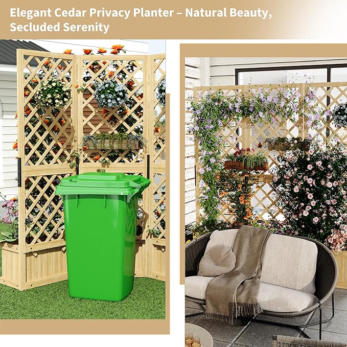 Planter Box with Trellis- 62x10x65 Freestanding 3-Panel Garden Divider with Raised Bed &amp Drain Holes | Privacy Planters for Patio Deck Backyard | Planter with Trellis for Climbing Plants