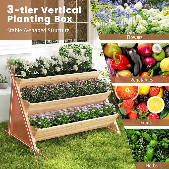 3 Tiers Raised Garden Bed Wooden Garden Bed Elevated Garden Planter with Storage Shelf Bed Liner &amp 2 Hanging Hooks Fir Wood Vertical Planter Bed for Patio Yard Balcony &amp Deck