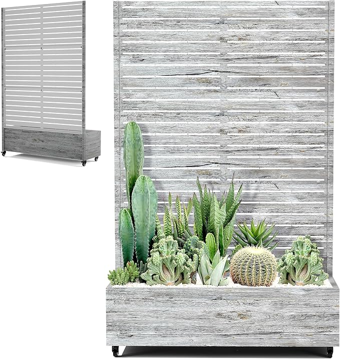 Metal Planter Boxs with Trellis &amp Wheels for Outdoor Plants Vines Large Raised Garden Beds with Drainage Holes for Patio (47 L Gray Oak Grain)