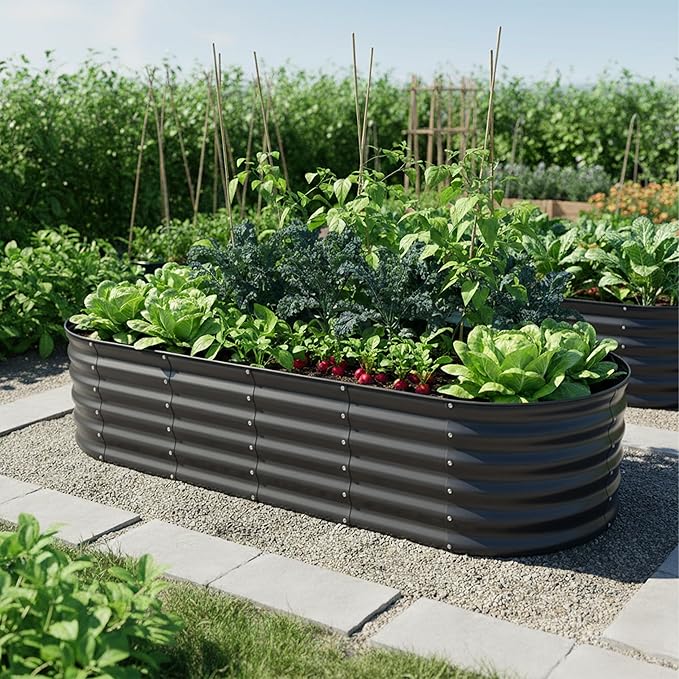 Relaxdays Raised Bed Galvanised Metal for Flowers Plants and Vegetables H x D: 45 x 200 x 60 cm Oval Plant Bed Anthracite