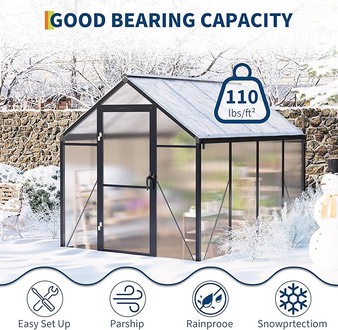6X8 FT Outdoor Polycarbonate Greenhouse Sturdy Aluminum Frame Adjustable Roof Vent Ideal for Backyard Patio or Garden All-Weather Green House for Growing Plants and Vegetables