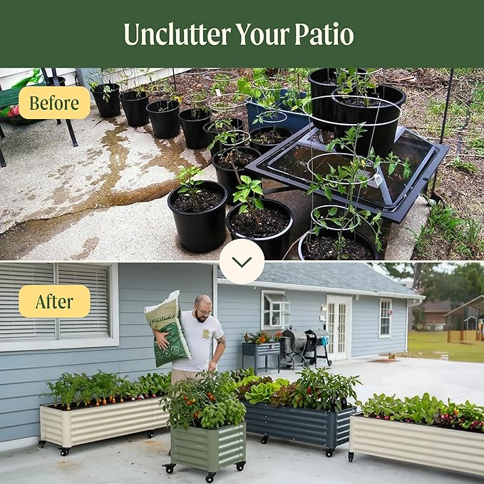 Vego garden Classic Rolling Garden Bed – 1.75' Mobile Metal Raised Garden Bed for Patio Deck Balcony – Deep Planting Space Durable &amp Easy to Move (Pearl White 1.75'X8')