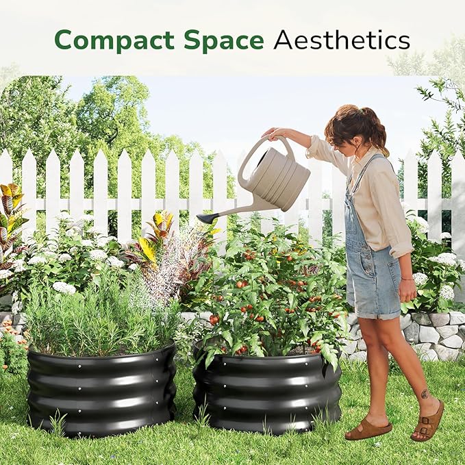 GreatBuddy 2x2x1 ft Round Galvanized Raised Bed Easy-Assembly Raised Garden Bed with Anti-Cut Gloves &amp Tools Rust-Proof Garden Bed for Outdoor Vegetables Herbs Small Trees Black