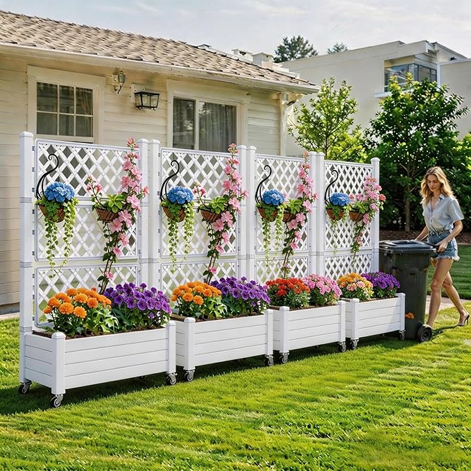YITAHOME 43.3x17.7x61 in Planter Boxes Outdoor with Trellis 2pcs Resin Raised Garden Bed with Wheels &amp Drain Plug for Climbing Plants White