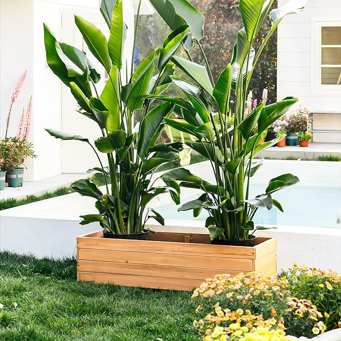 Wooden Planter Box 47.24 x 15.75 x 12.6 – Fir Wood Raised Garden Bed for Vegetables Herbs &amp Flowers Includes Fabric Planter Liner 4 Drainage Holes Water-Based Finish