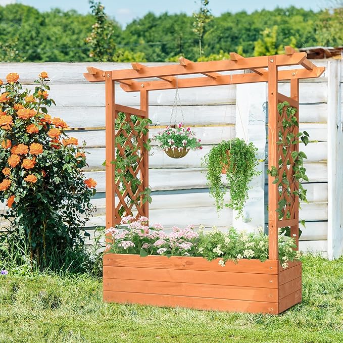 44.5 Inch Tall Wooden Raised Garden BedOutdoor Garden Flower Standing Planter BoxWood Planter BoxesVegetables Growing Bedswith Drainage Holes &amp Trellisfor Patio Yard Porch Balcony (Natural)