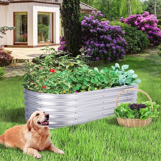 Aoodor Galvanized Raised Garden Bed Kit 5.3 x 2.6 x 1.4 Ft Oval Planter Box for Vegetables Flowers and Herbs Outdoor Use Silver
