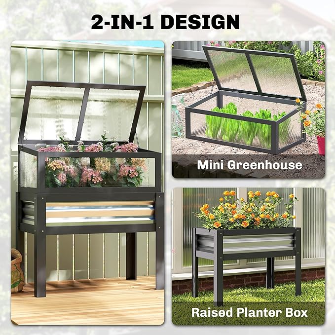 Outsunny Wooden Raised Garden Bed with Flip-Up Greenhouse Top Raised Garden Bed with Legs and Bed Liner Elevated Planter Box for Flowers Vegetables Herbs Gray