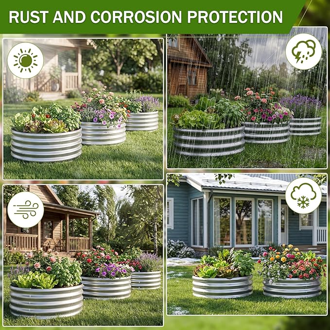 AHEONLAR 3PCS 2x2x2FT Galvanized Raised Garden Bed Kit Round Metal Flower Box Large Planter Raised Beds Outdoor Garden for PlantingFruitHerb Silver