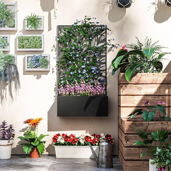 Outsunny Metal Raised Garden Bed with Trellis for Climbing Plants Freestanding or Wall Mounted Flower Bed with Privacy Panel Small Leaves Cut-Outs Outdoor Planter Box for Garden Patio Balcony