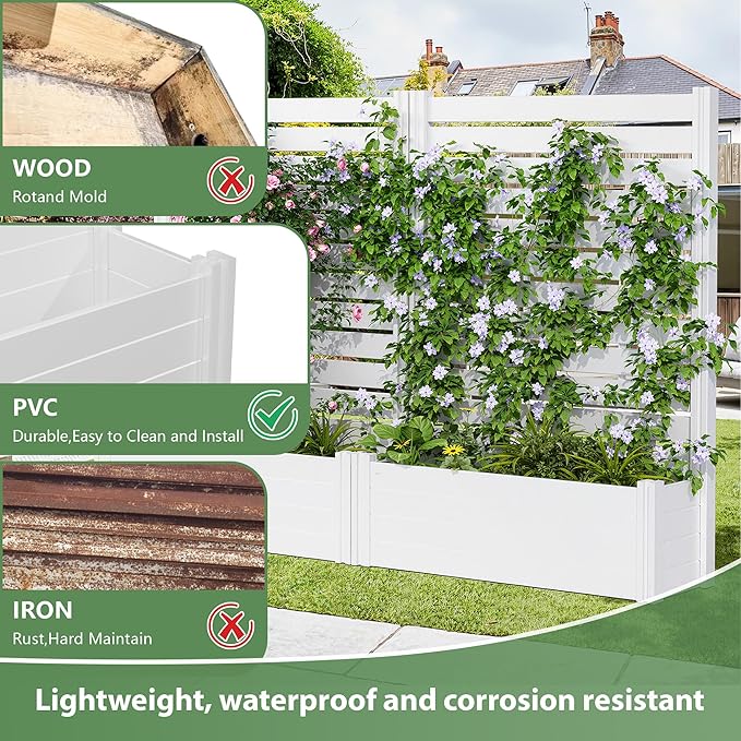 Casaphoria Raised Garden Bed with Trellis 59x30x12 Planter Box with Open Bottom for Gardening Vegetables &amp Vines and Climbing Plants White