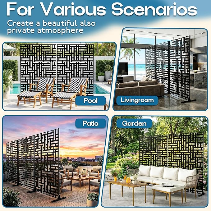 Metal Privacy Screen 72 H x 47.2 Decorative Outdoor Privacy Screen Privacy Panel with Stand for Balcony Deck Patio Lawn Garden Privacy Fence (Black-Street)