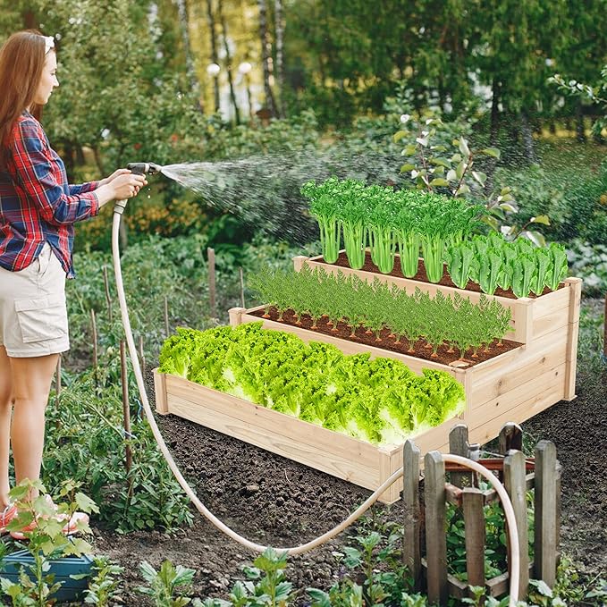 GERRIT 48.6 x 48.6 x 21inch 3 Tier Raised Garden Bed Horticulture Outdoor Elevated Flower Box Wooden Tiered Garden Bed Vegetables Growing Planter for Backyard/Patio/Gardener (Natural)