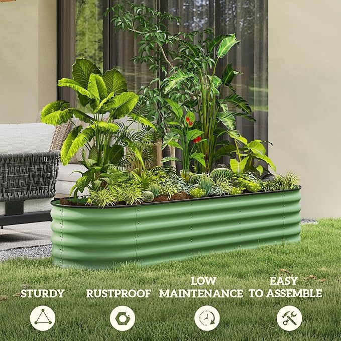 6.5' x 2' x 1.4' Galvanized Raised Garden Bed Kit Outdoor Metal Elevated Planter Box with Safety Edging Easy DIY Stock Tank for Growing Flowers Herbs Vegetables Green