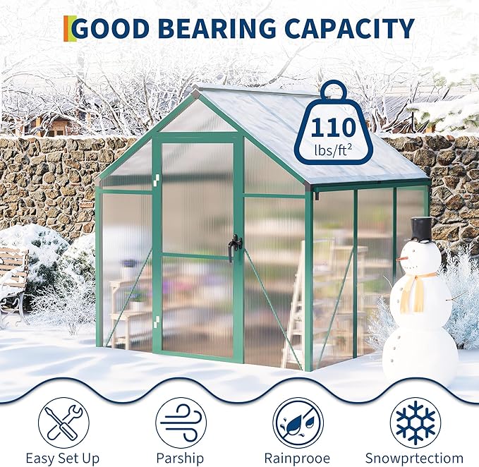 6X6 FT Greenhouse for Outdoors Large Walk-in Polycarbonate Greenhouse Kit Aluminum Frame Lockable Door Roof Vent Ground Spikes for Garden Patio Backyard Outdoor Plant Growth