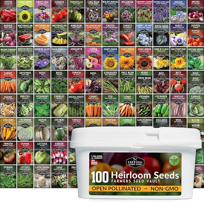 Survival Seed Vault Kit – 100 Packs of Heirloom Vegetable Seeds for Planting – Non-GMO Vegetables Fruits Herbs – Farmer Kit to Grow Food for Long-Term Emergency Storage – Survival Garden Seeds