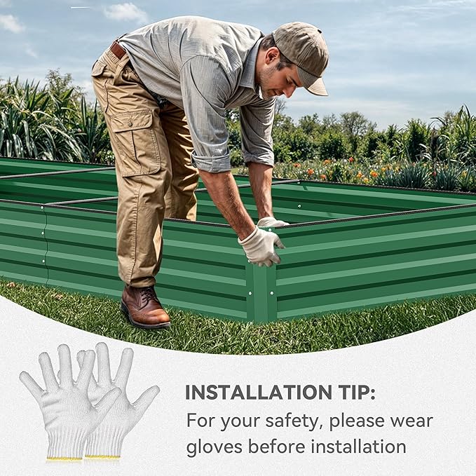 YITAHOME 144x48x12 in Galvanized Raised Garden Bed Kit Large Metal Planter Box with Gloves Safety Rubber &amp Support Rod Outdoor Flower Bed for Plants Vegetables Green
