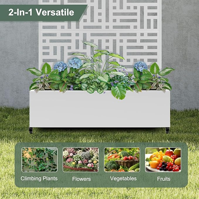 Large Raised Garden Beds with Trellis &amp Wheels Metal Planter Box with Privacy Screen for Climbing Plants Vegetables Fruits 47L Garden Boxes Outdoor with Drainage Holes (White Street)