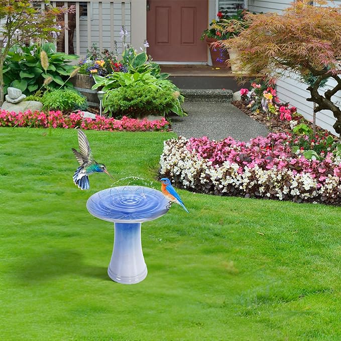 17'' Ceramic Bird Bath for Outside Elegant Tall Outdoor Bird Bath Lightweight Pedestal Glazed Birdbaths for Outdoors with Floral Pattern Blue Ombre