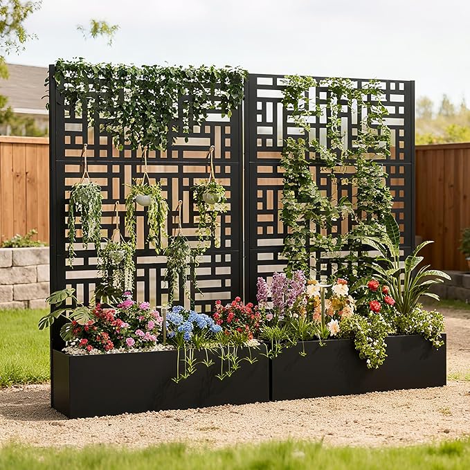 Metal Planter with Trellis Metal Raised Garden Bed 70 x 43.3 x 16 Planter Box with Trellis Privacy Screen Planter Box for Climbing Plants Flowers Vegetables Fruits (2)