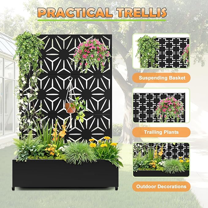 Metal Raised Garden Bed with Trellis 2 in 1 Trellis with Planter Box &amp Privacy Screen for Climbing Plants Vine Outdoor Standing Flower Beds with Drainage Holes47.2L x 16.7W x 70.8H(Black-S