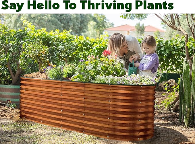 Plant &amp Plot Galvanized Raised Garden Beds Outdoor // 6×2×2 ft Planter Raised Beds for Gardening Vegetables Flowers (Dark Wood Grain) // Large Metal Garden Box // Patented Tool-Free Design