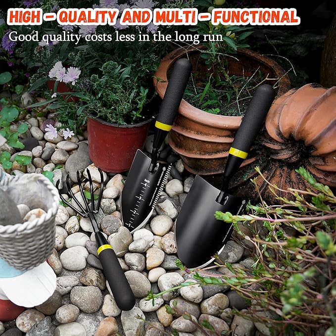 Heavy Duty Stainless Steel Garden Tool Set - Thoughtfully Crafted for Outdoor Patio Use Perfect for Both Men and Women. Includes Gardening Trowel Transplanting Shovel and Hand Cultivators