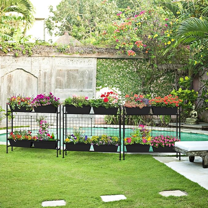 OYEAL Raised Garden Bed 32 Tall Elevated Planter Boxes with Trellis &amp Legs Standing Herb Garden Planter Outdoor for Gardening Vegetables Flowers Herbs Backyard Black