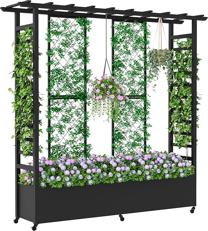 Raised Garden Bed with Trellis &amp Hanging Roof Weatherproof Metal Planter Box with Wheels Garden Arch Trellis for Outdoor Climbing Plants Vines Flowers 74 H x 77 L x 17 W Black