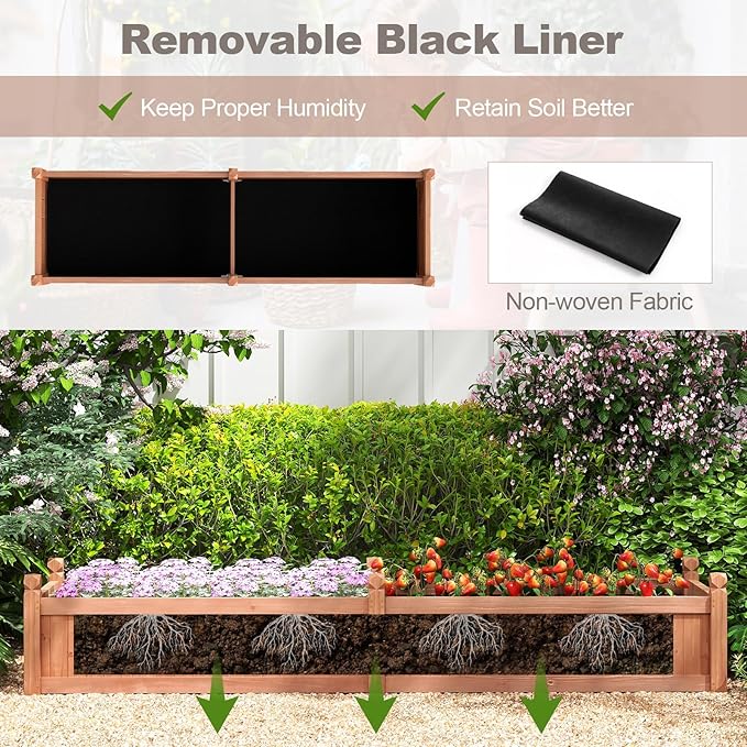 Giantex Wood Raised Garden Bed Planting Bed with Corner Drainage Non-Woven Liner for Growing Vegetables Flowers Herbs Fruits 89”x23.5”x16” Divisible Planter Box for Backyard Garden Lawn