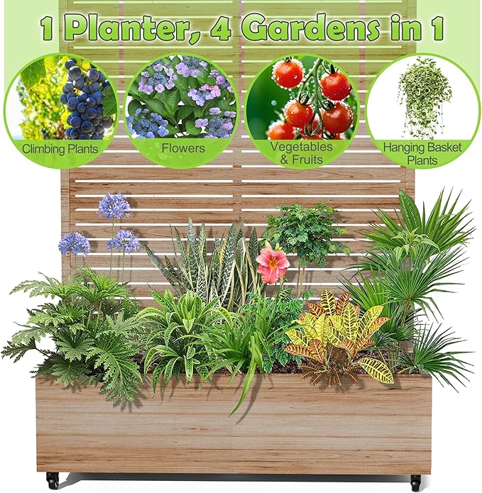 15.7×70.9×47.2 Metal Raised Garden Bed with Trellis and Wheels - Tall Trellis Planter Box for Climbing Plants Vegetables &amp Vines - Outdoor Privacy Planters for Patio (Acacia Wood Grain)