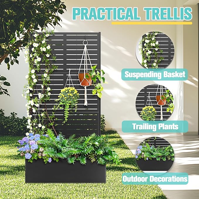 71x35x16 Metal Planter Box with Trellis Raised Garden Bed Trellis with Planter Box &amp Privacy Screen Outdoor Raised Garden Bed for Climbing Plants Vegetable Vines (Black Louvered)