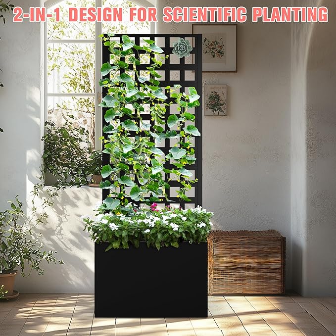 Metal Planter Box with Trellis Raised Garder Bed with Drainage Hole Privacy Screen &amp Trellis for Climbing Plants Outdoor Plant Stands 24''L×12''W×63''H Black