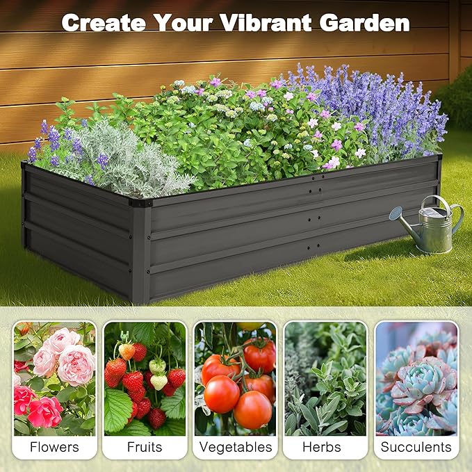 NUU GARDEN 6x3x1ft Rectangular Galvanized Raised Garden Bed for Gardening Elevated Planting Metal Planter Box Outdoor Patio Planting Bed for Vegetables Flowers Herb Dark Gray