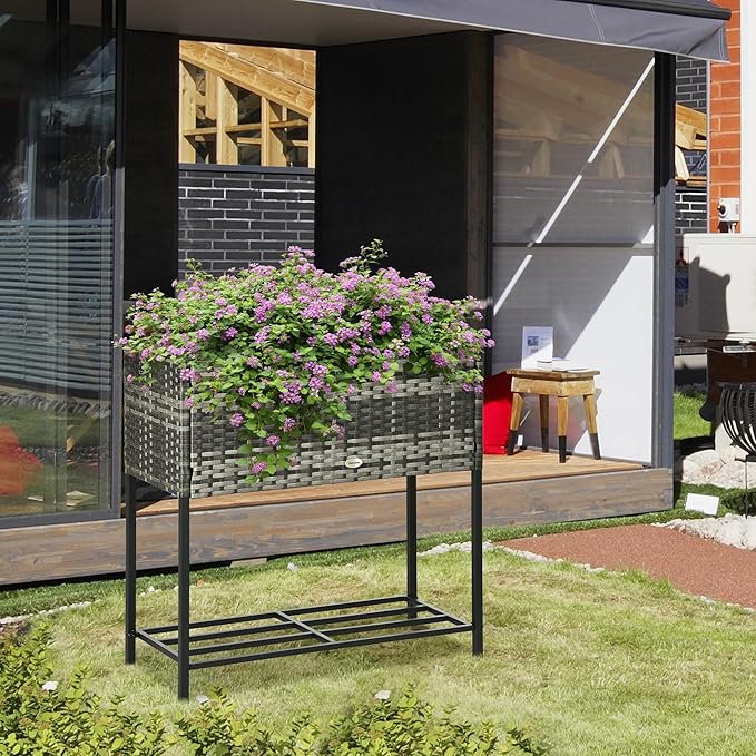 Raised Garden Bed Elevated Planter Box with Rattan Wicker Look Tool Storage Shelf Portable for Herbs Vegetables Flowers Gray